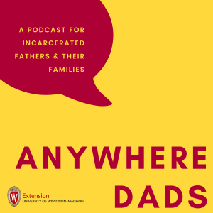 Yellow background with text "Anywhere Dads A podcast for incarcerated fathers and their families." in a red speech bubble