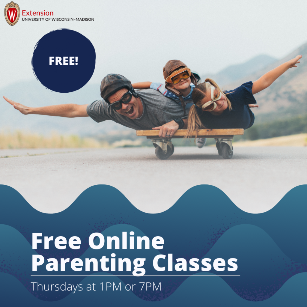 A man and and two children lay on a skateboard and pretend to fly announcing online parenting classes.