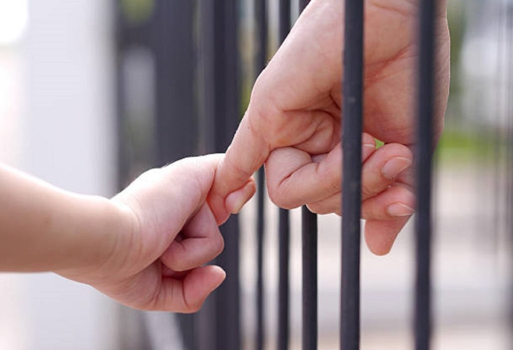 Parent hand holding child hand through bars.