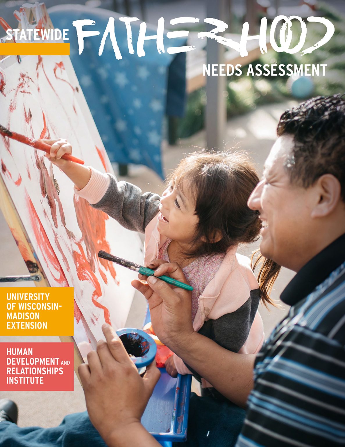 The cover of the fatherhood needs assessment report featuring a father painting with his child