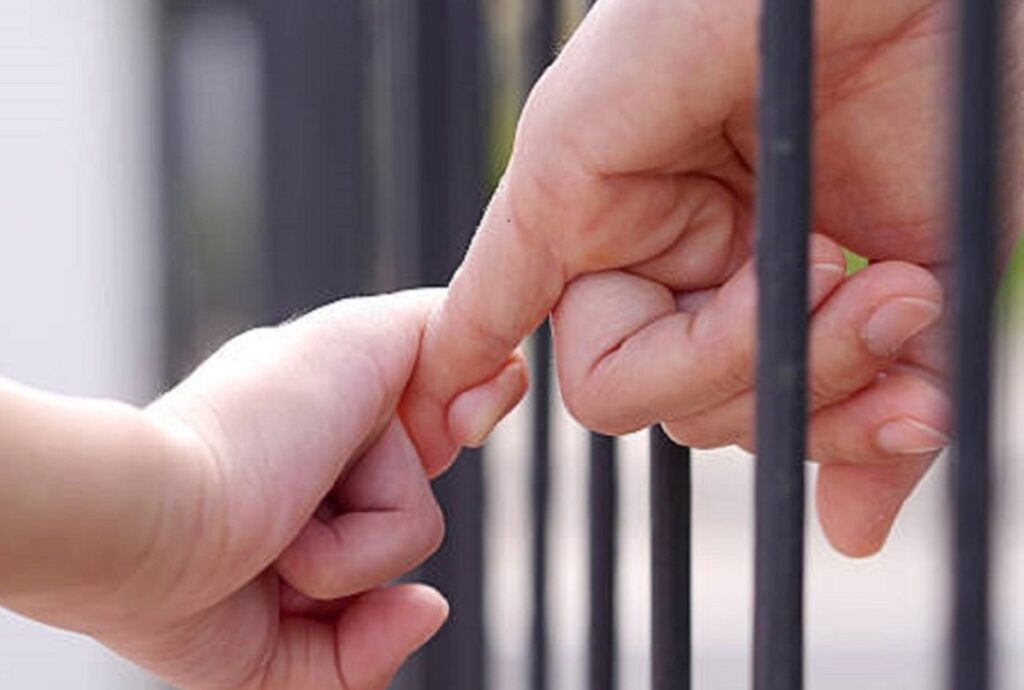 Parent hold children's fingers through bars.
