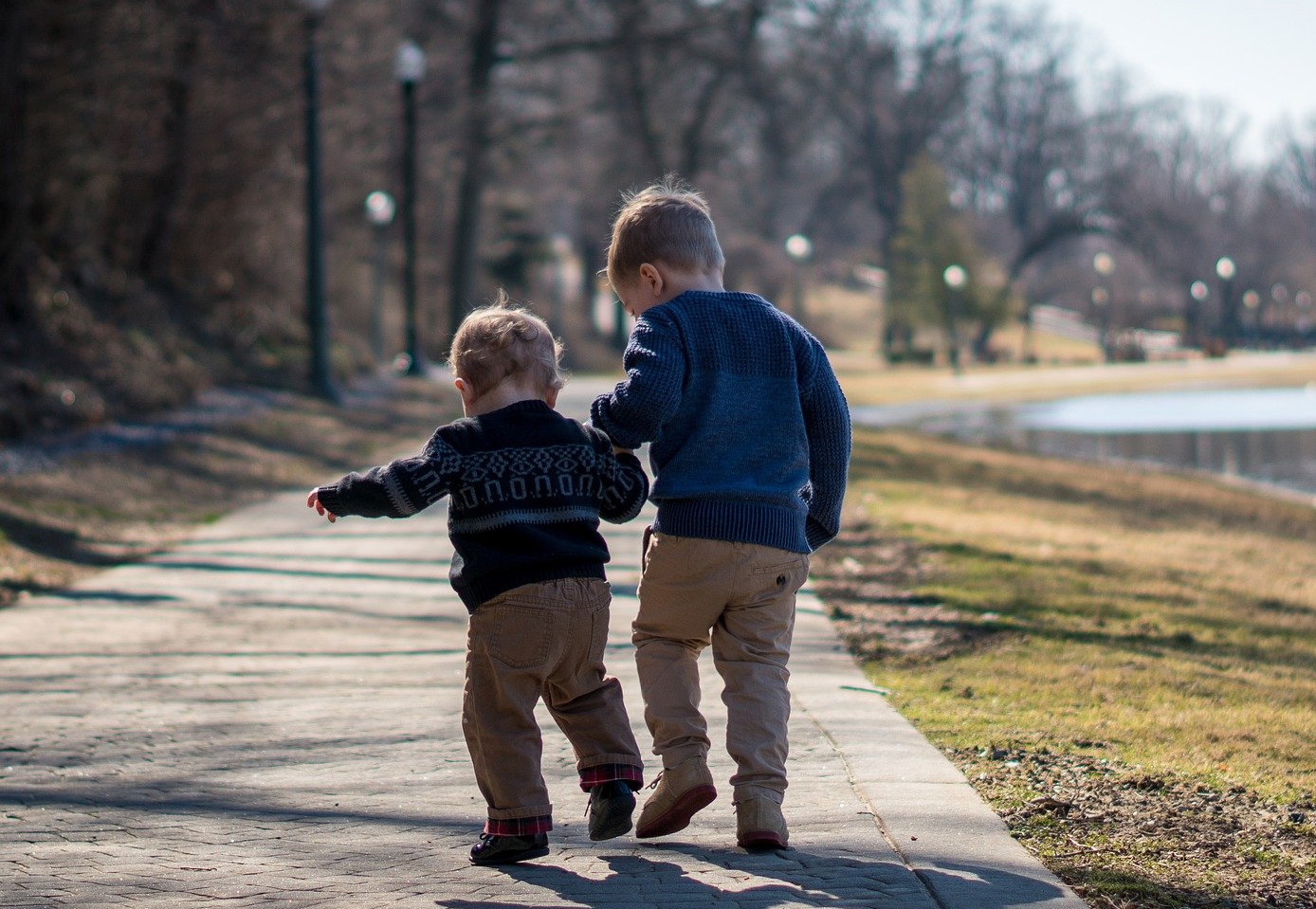 Two young children in sweaters and khaki pants walk hand in hand along a sunlit park path, surrounded by trees and a calm lake. Tranquil and carefree.