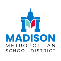 Logo for Madison Metropolitan School District in blue and black with a silhouette of the state capitol above an open book with red and light blue covers